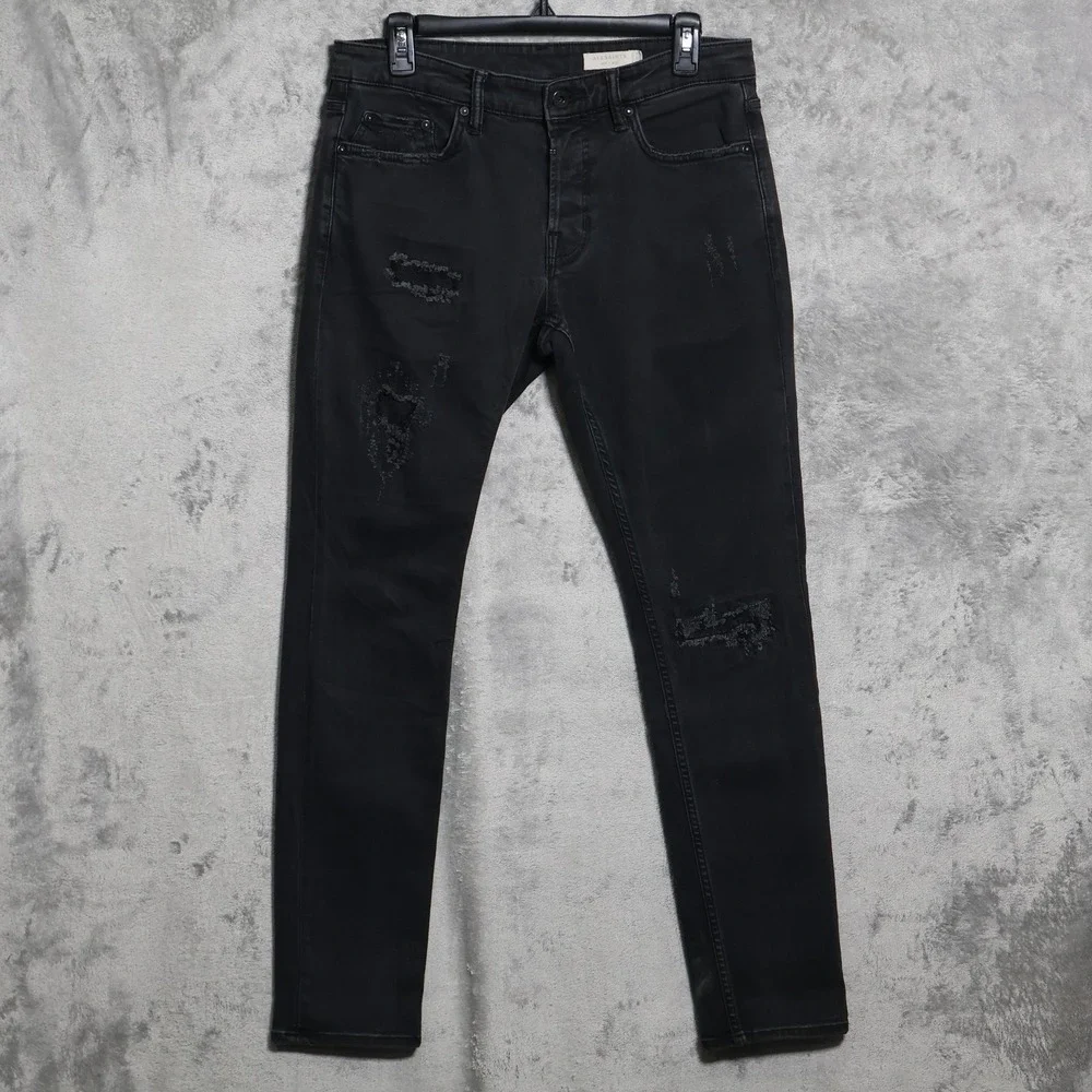 AllSaints Jeans Mens 31x31 Black Rex Damaged Skinny Slim Stretch Distressed